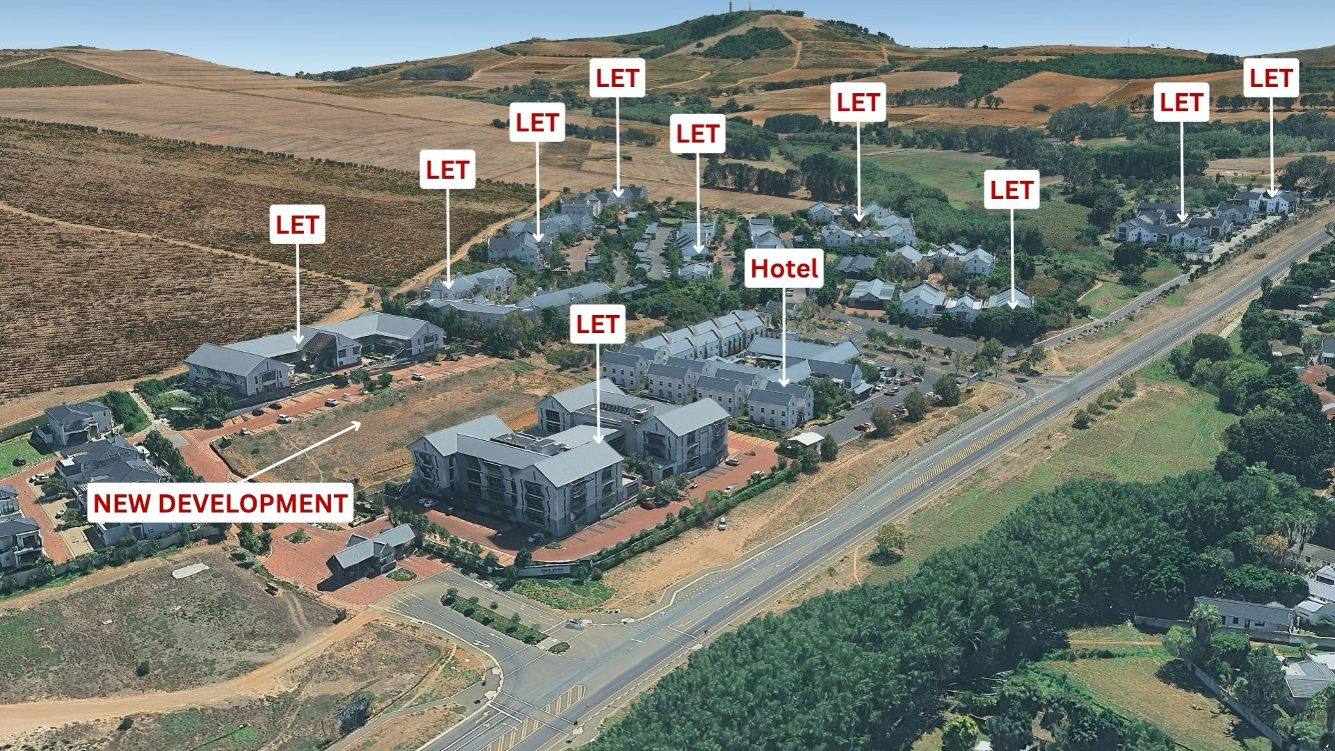 Aerial view of The Vineyards Office Estate showing buildings marked as LET alongside a new development